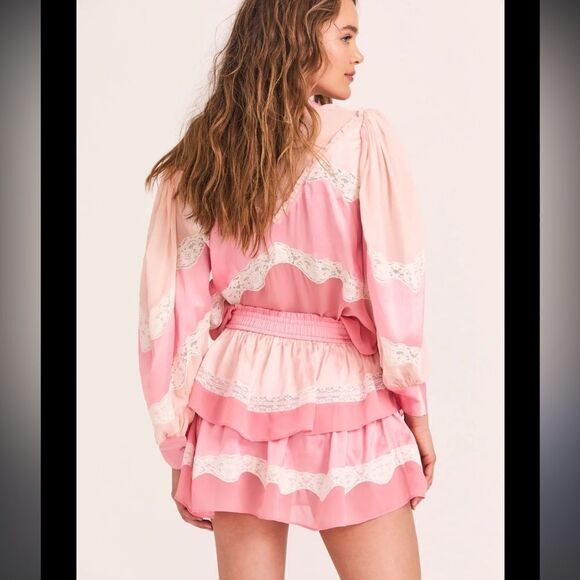 LoveShackFancy Fia Skirt & Zaria Blouse Pink Colorblock Silk Large/Med Revolve - Picture 6 of 16